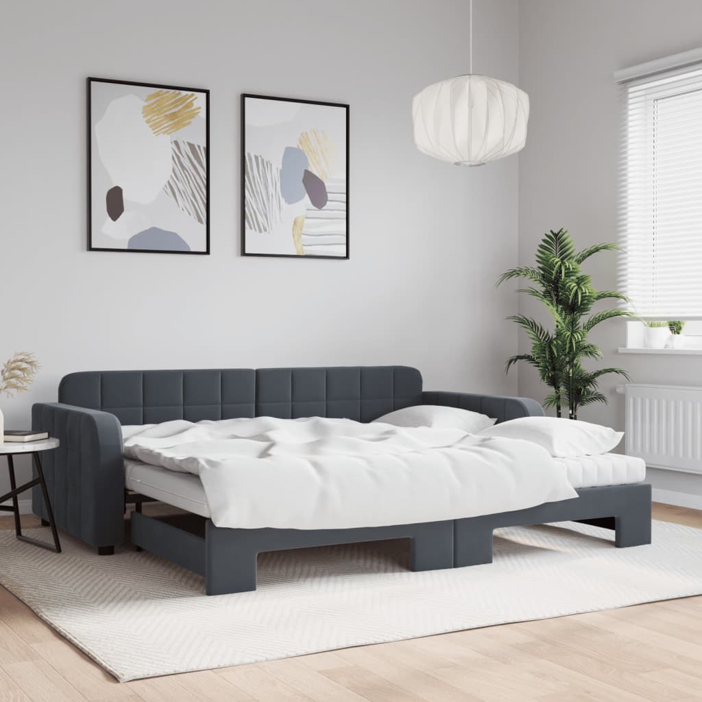 vidaXL Daybed with Trundle and Mattresses Dark Grey 90x190 cm Velvet 1