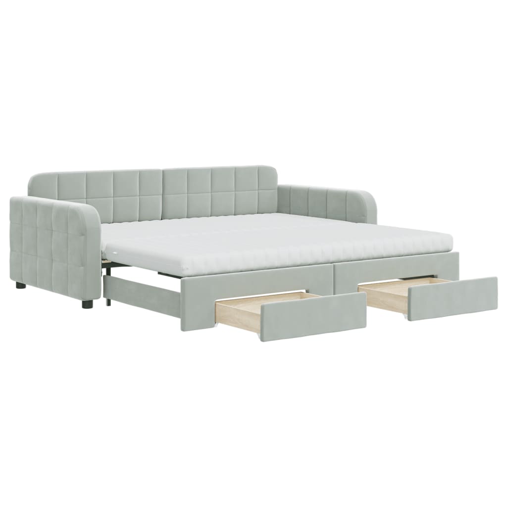 vidaXL Daybed with Trundle and Drawers Light Grey 90x190 cm Velvet 2