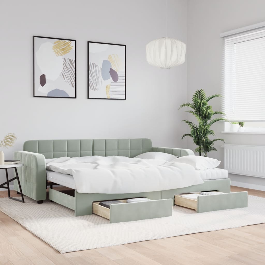 vidaXL Daybed with Trundle and Drawers Light Grey 90x190 cm Velvet 1