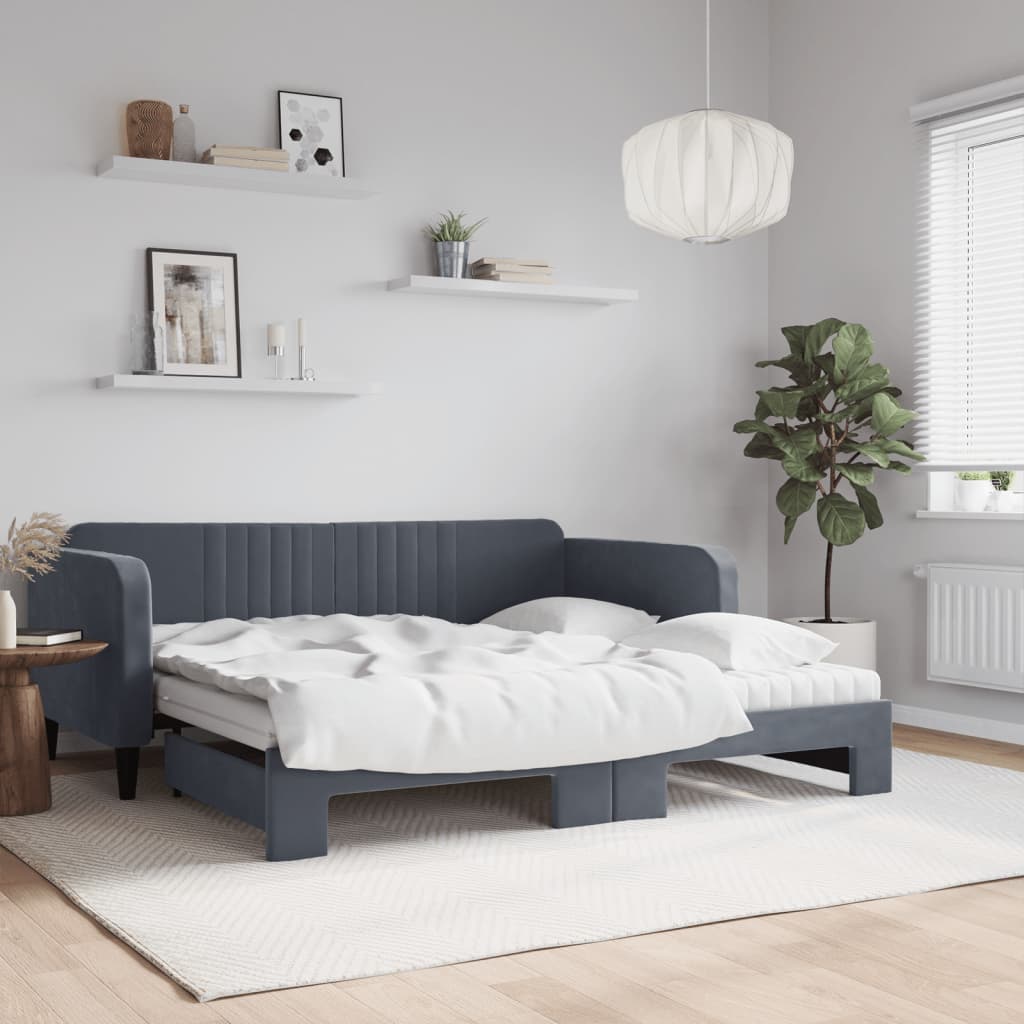 vidaXL Daybed with Trundle and Mattresses Dark Grey 90x190 cm Velvet 1