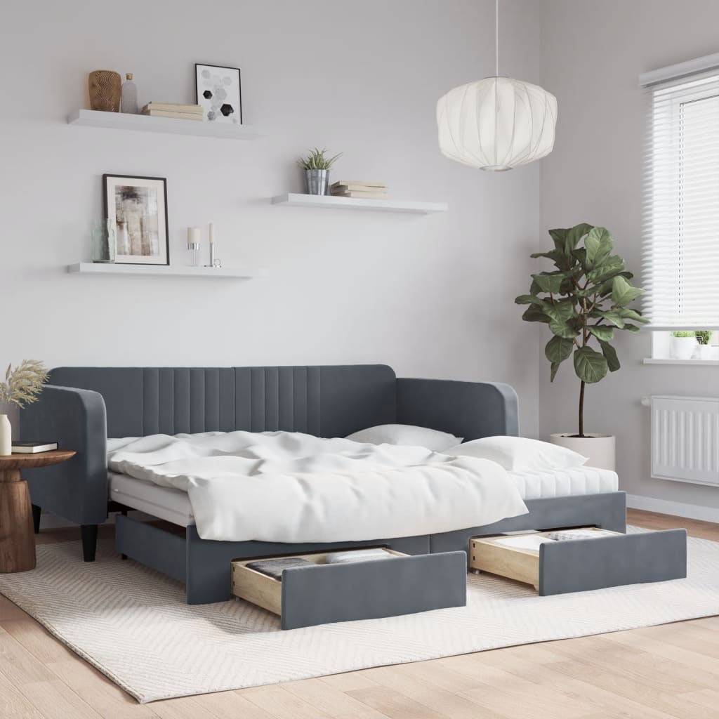 vidaXL Daybed with Trundle and Drawers Dark Grey 90x190 cm Velvet 1
