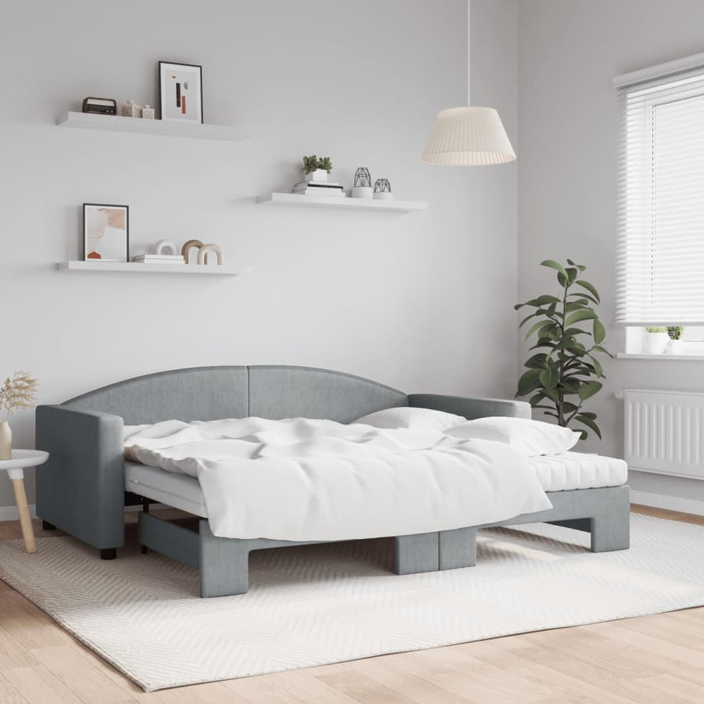 vidaXL Daybed with Trundle and Mattresses Light Grey 90x190 cm Fabric