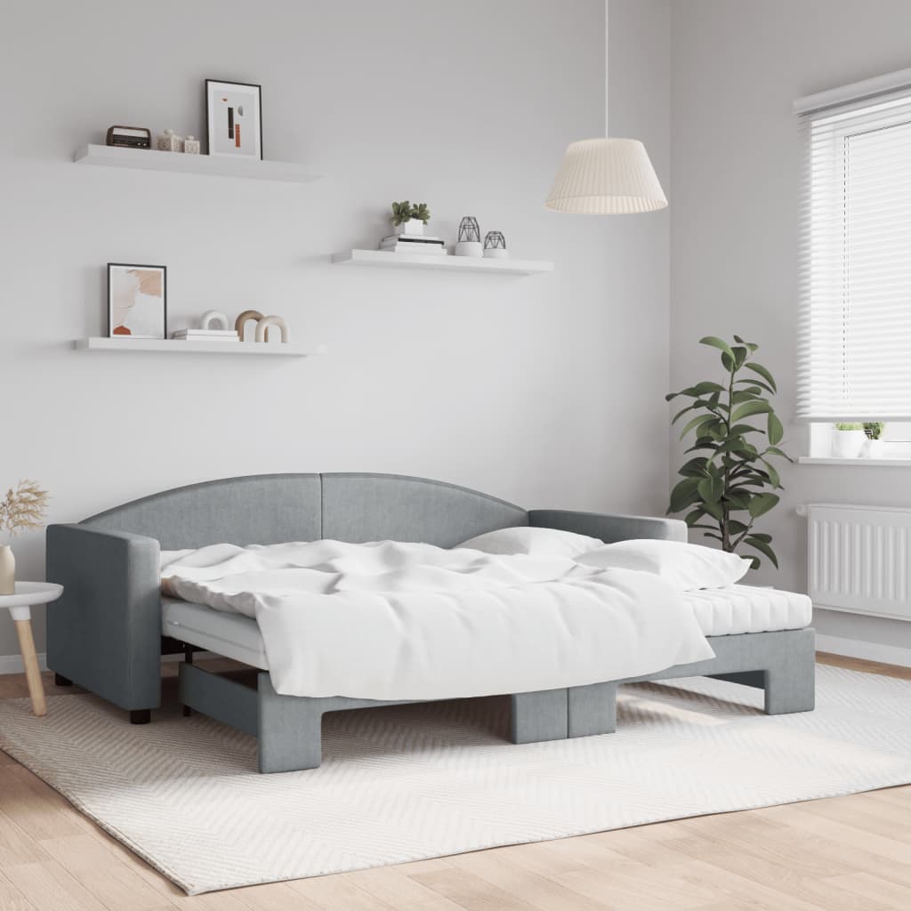 vidaXL Daybed with Trundle and Mattresses Light Grey 90x190 cm Fabric 1
