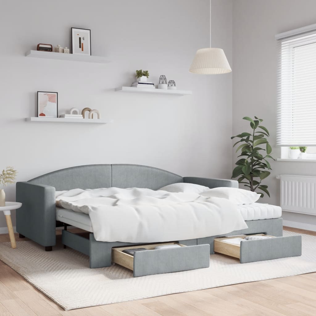 vidaXL Daybed with Trundle and Drawers Light Grey 90x190 cm Fabric 1