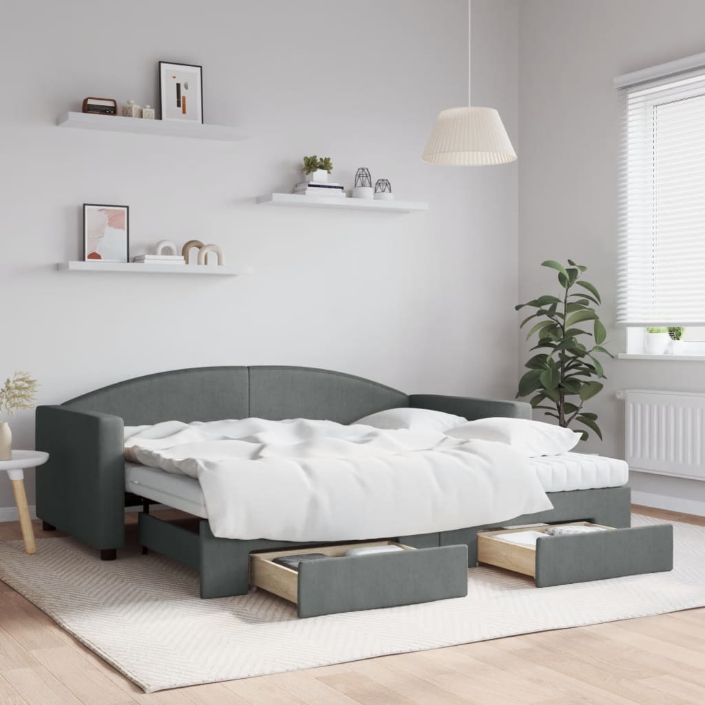 vidaXL Daybed with Trundle and Drawers Dark Grey 90x190 cm Fabric 1