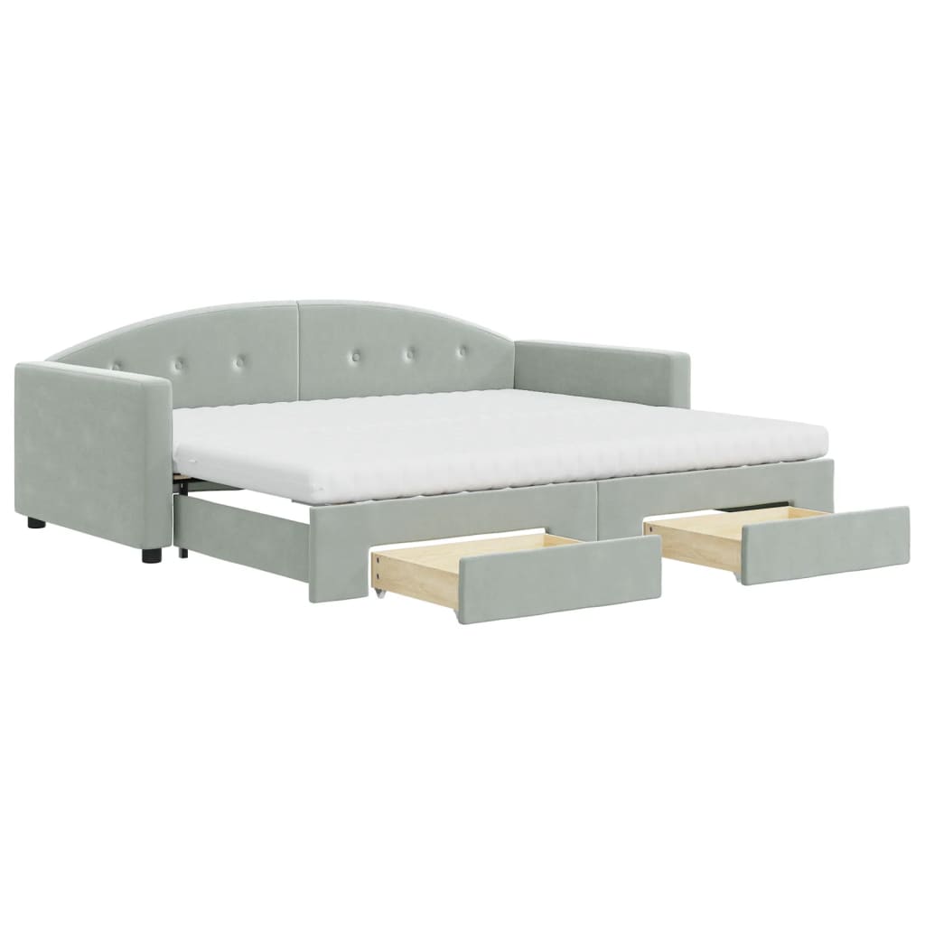 vidaXL Daybed with Trundle and Drawers Light Grey 90x190 cm Velvet 2