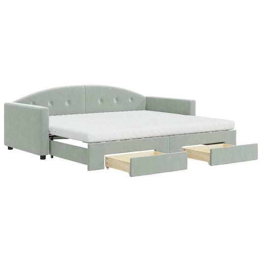 vidaXL Daybed with Trundle and Drawers Light Grey 90x190 cm Velvet 2