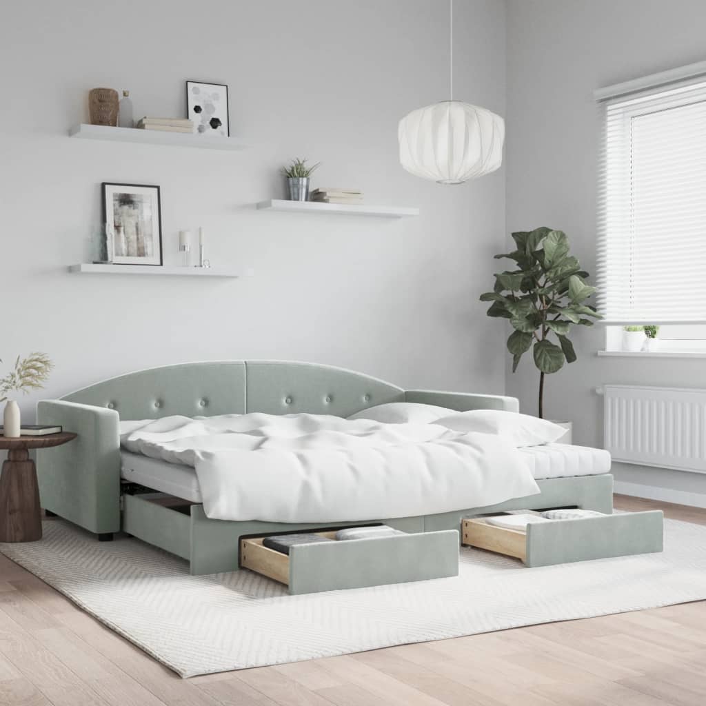 vidaXL Daybed with Trundle and Drawers Light Grey 90x190 cm Velvet 1
