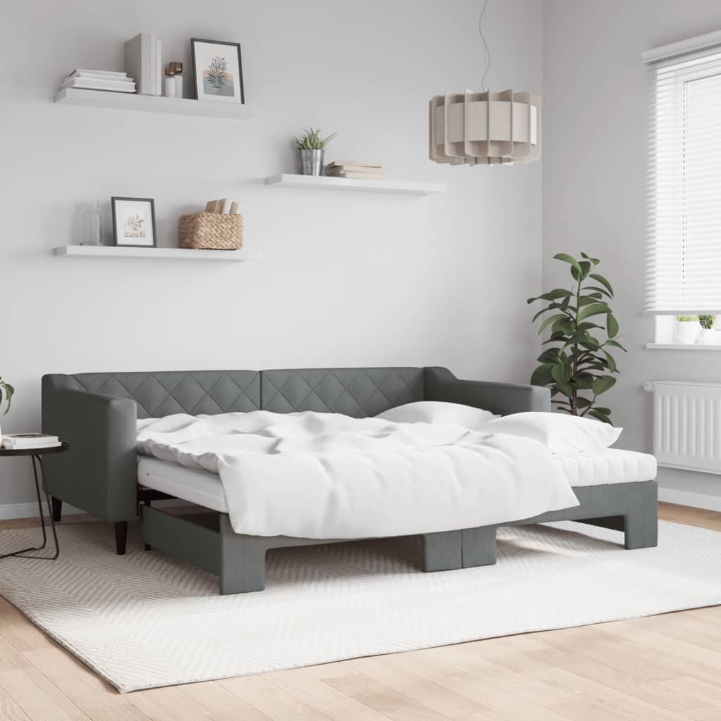 vidaXL Daybed with Trundle and Mattresses Dark Grey 90x190 cm Fabric 1