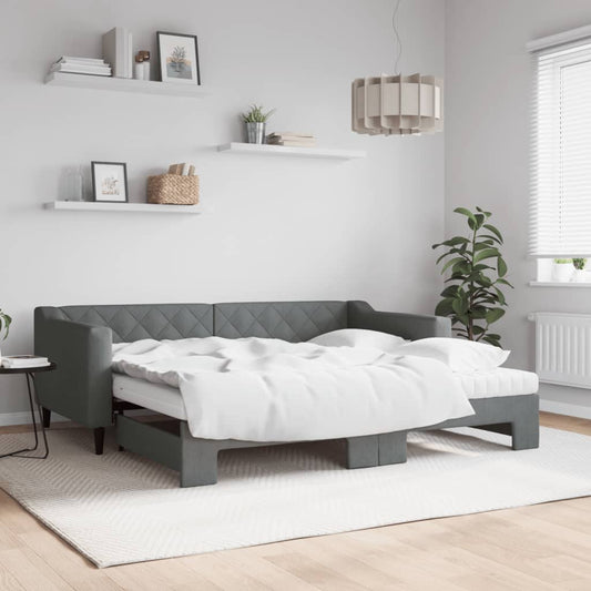 vidaXL Daybed with Trundle and Mattresses Dark Grey 90x190 cm Fabric 1