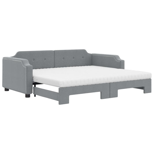 vidaXL Daybed with Trundle and Mattresses Light Grey 90x190 cm Fabric 2
