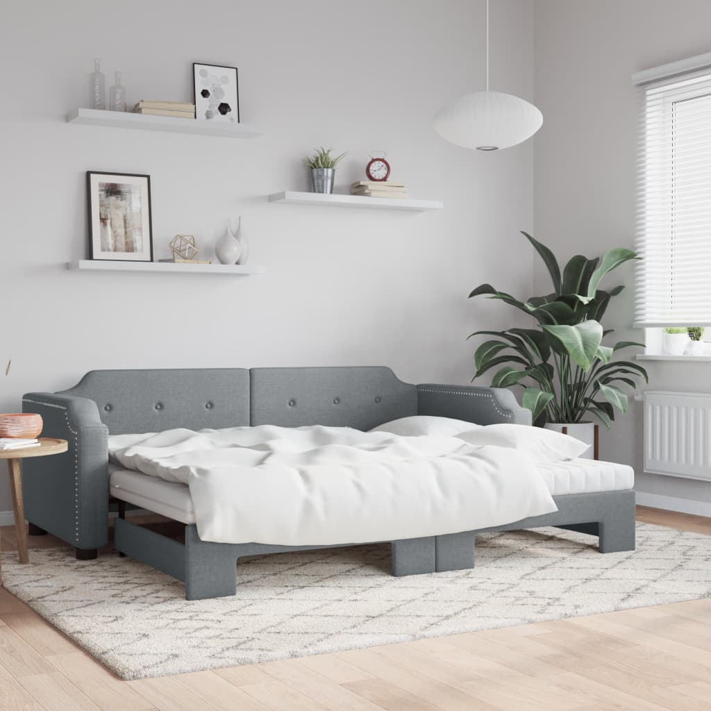 vidaXL Daybed with Trundle and Mattresses Light Grey 90x190 cm Fabric 1