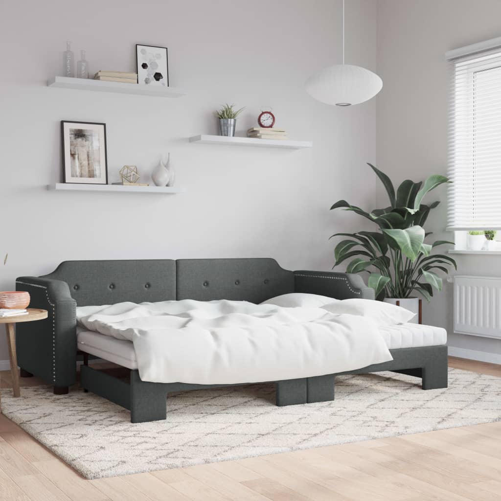 vidaXL Daybed with Trundle and Mattresses Dark Grey 90x190 cm Fabric 1