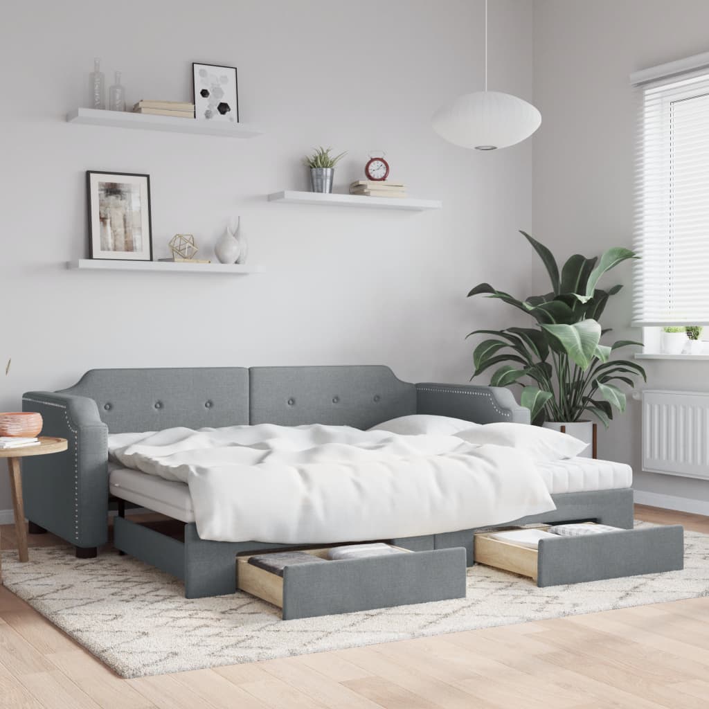 vidaXL Daybed with Trundle and Drawers Light Grey 90x190 cm Fabric 1