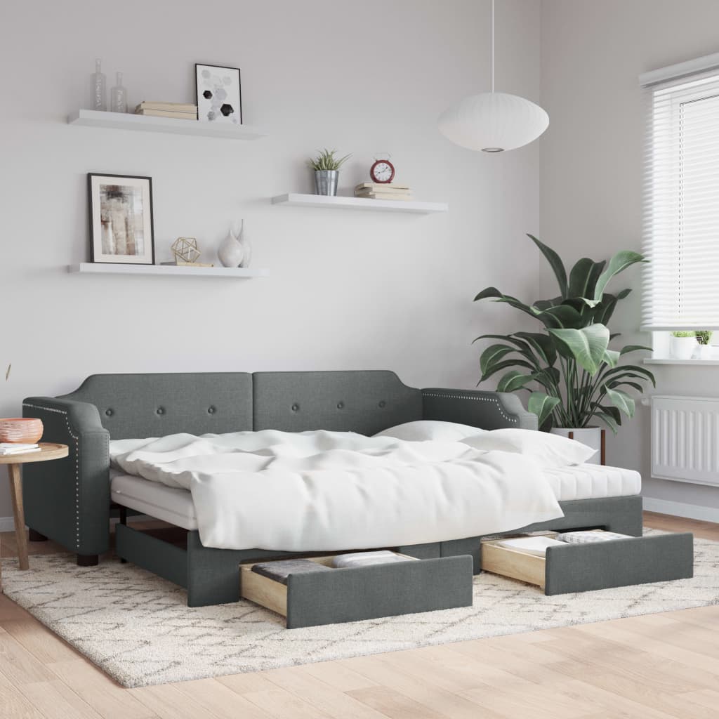vidaXL Daybed with Trundle and Drawers Dark Grey 90x190 cm Fabric 1