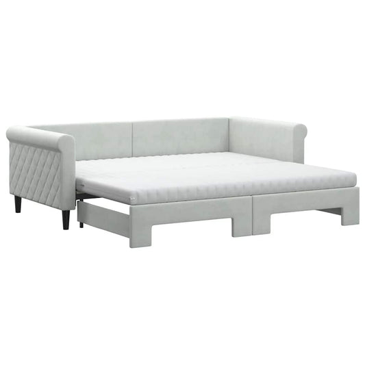 vidaXL Daybed with Trundle and Mattresses Light Grey 90x190 cm Velvet 2