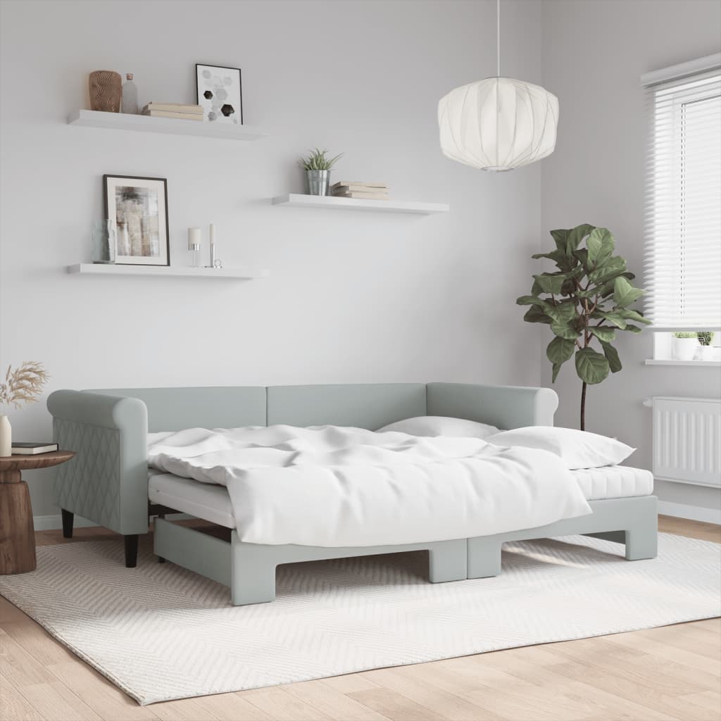 vidaXL Daybed with Trundle and Mattresses Light Grey 90x190 cm Velvet 1