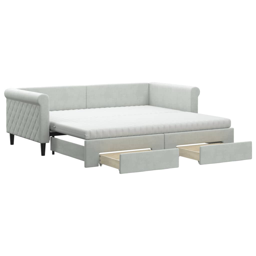 vidaXL Daybed with Trundle and Drawers Light Grey 90x190 cm Velvet 2