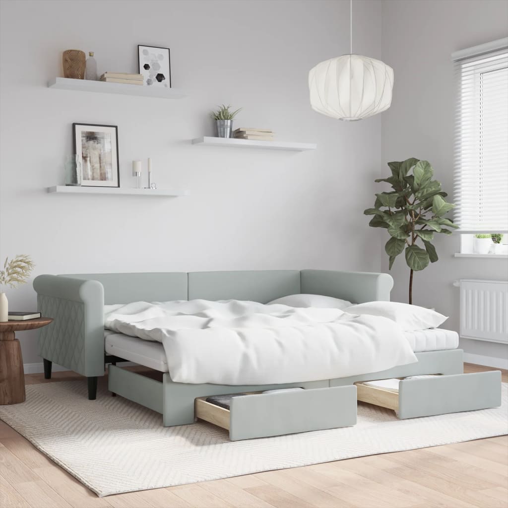 vidaXL Daybed with Trundle and Drawers Light Grey 90x190 cm Velvet 1