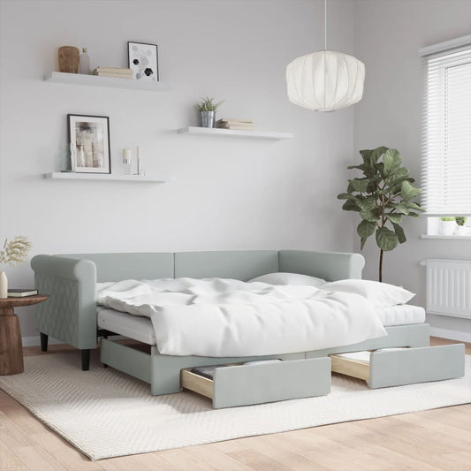 vidaXL Daybed with Trundle and Drawers Light Grey 90x190 cm Velvet 1