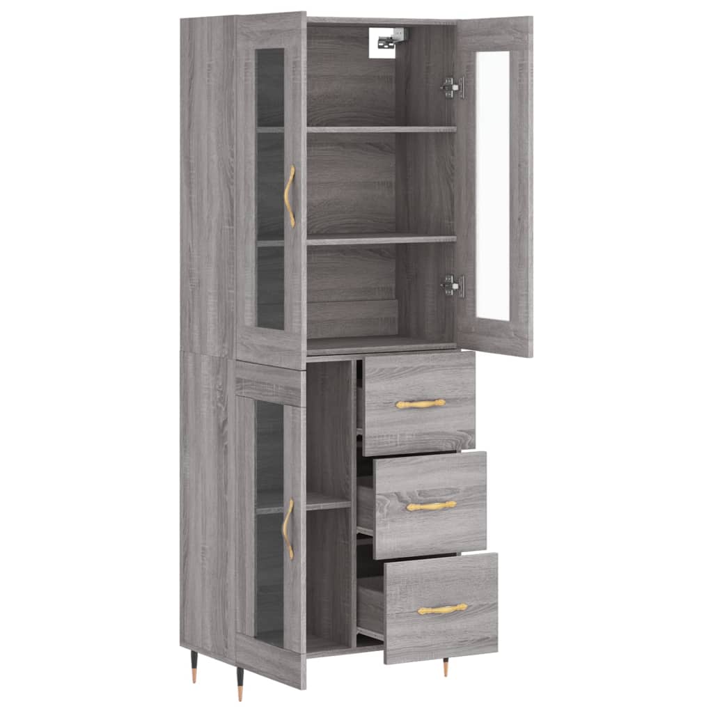 Highboard 69.5x34x180 cm Engineered Wood 1 Glass Door 3 Drawers Grey sonoma