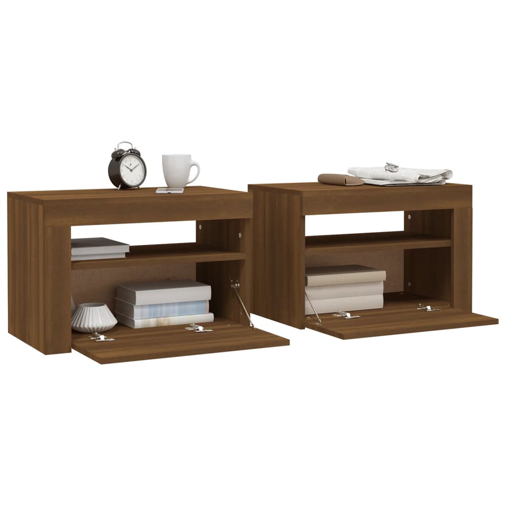 vidaXL Bedside Cabinets 2 pcs with LEDs Brown Oak 60x35x40 cm