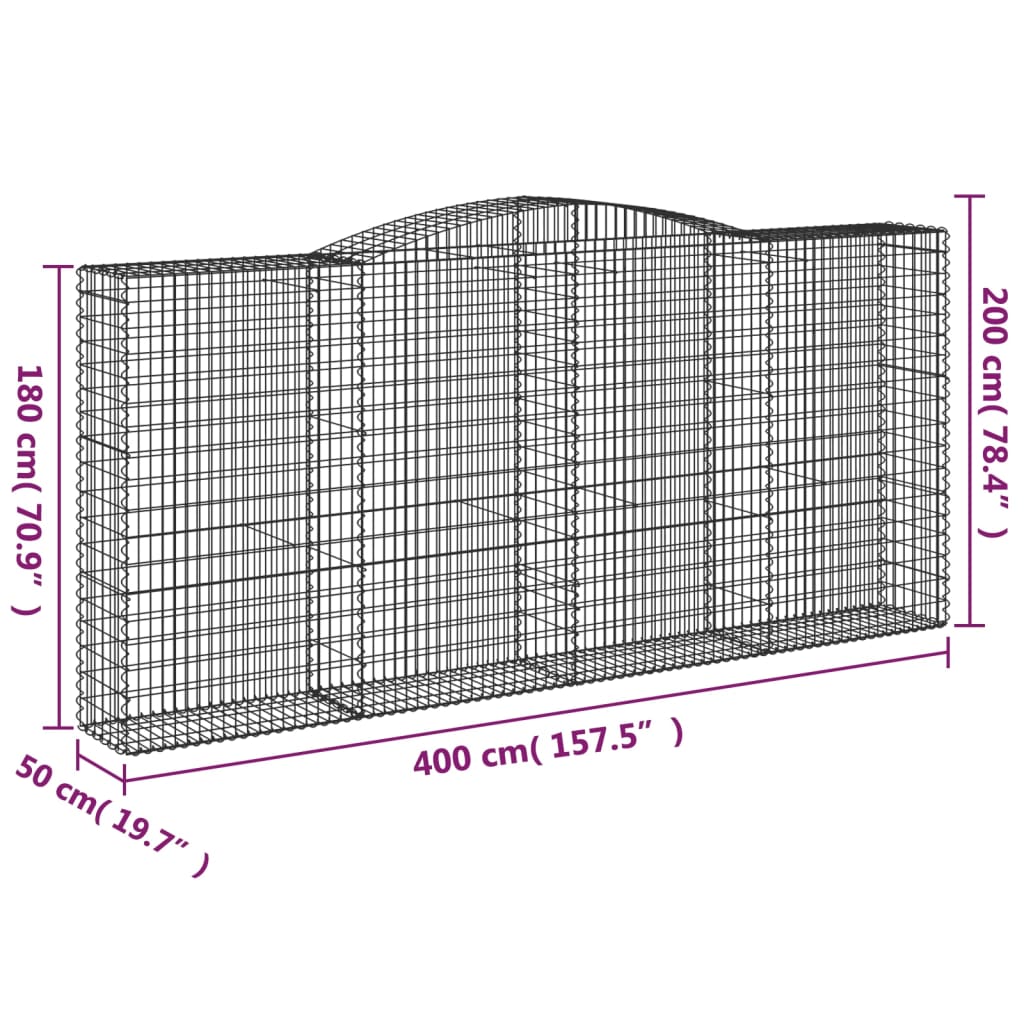 vidaXL Arched Gabion Baskets 3 pcs 400x50x180/200 cm Galvanised Iron 6