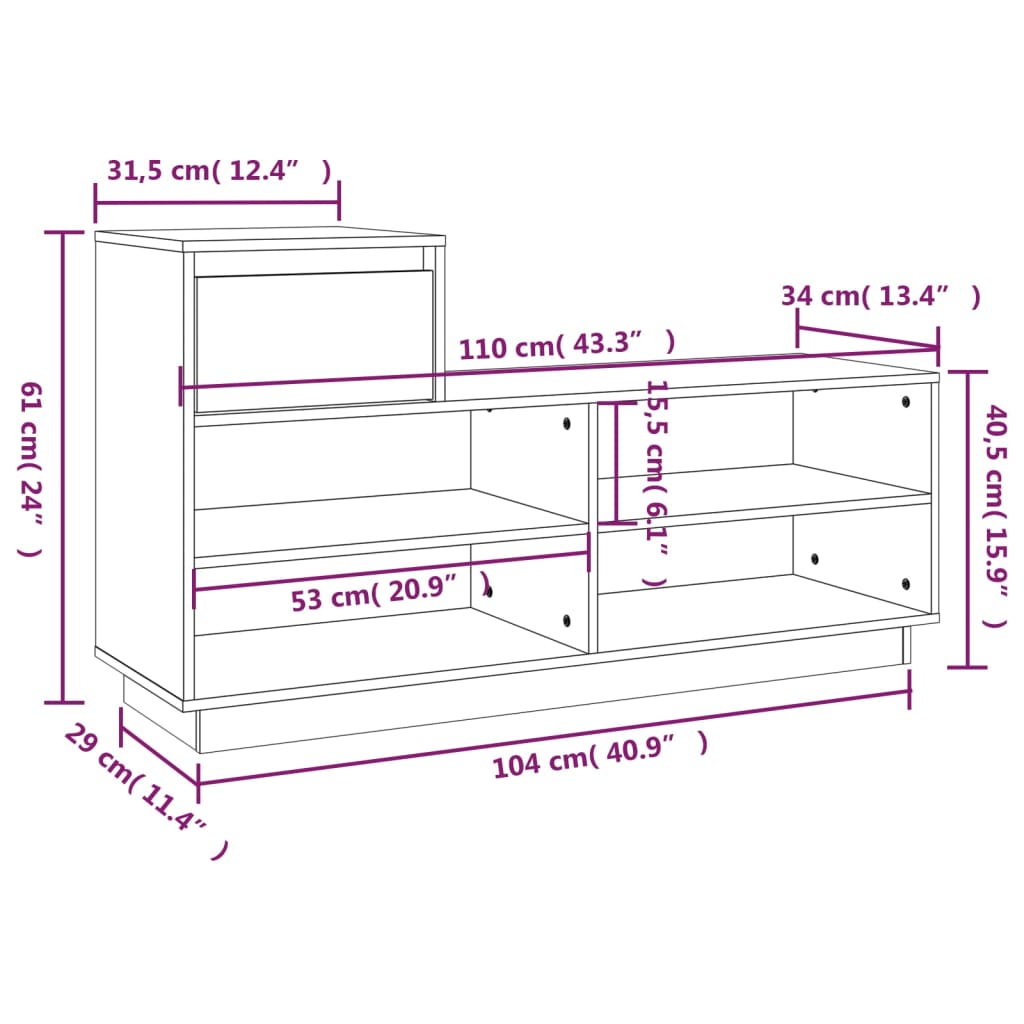 vidaXL Shoe Cabinet Black 110x34x61 cm Solid Wood Pine