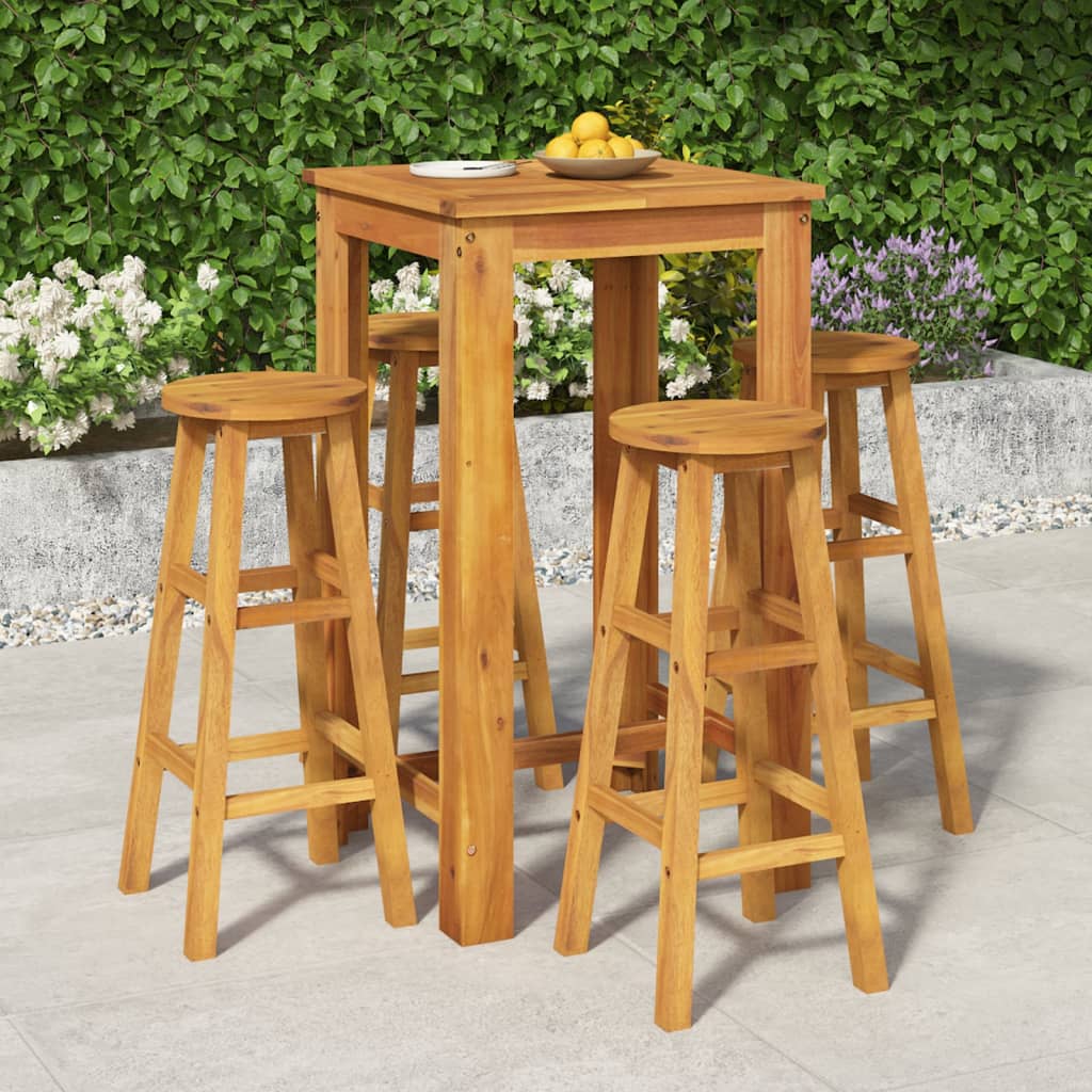 5 Piece Garden Bar Set Solid Wood Acacia 60 cm table length Bar stools with round seat 4