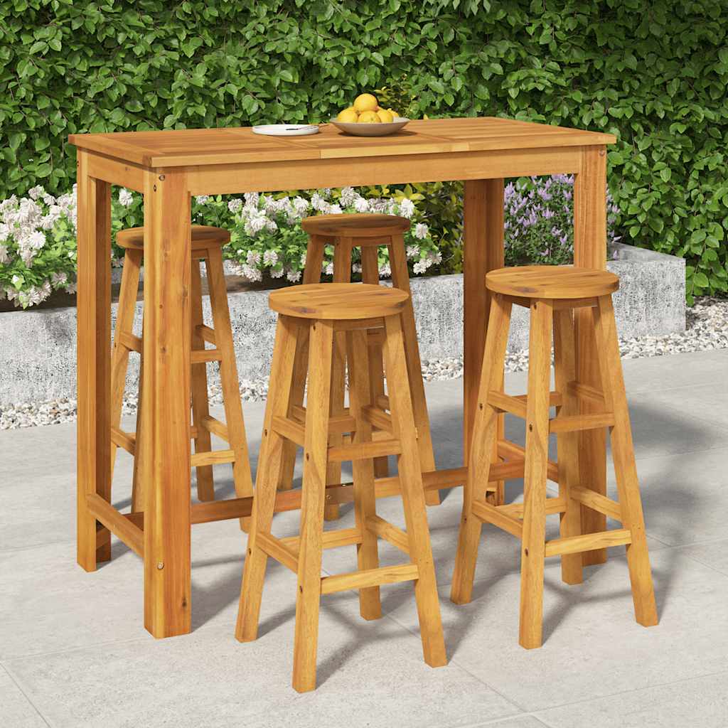 5 Piece Garden Bar Set Solid Wood Acacia 120 cm table length Bar stools with round seat 4