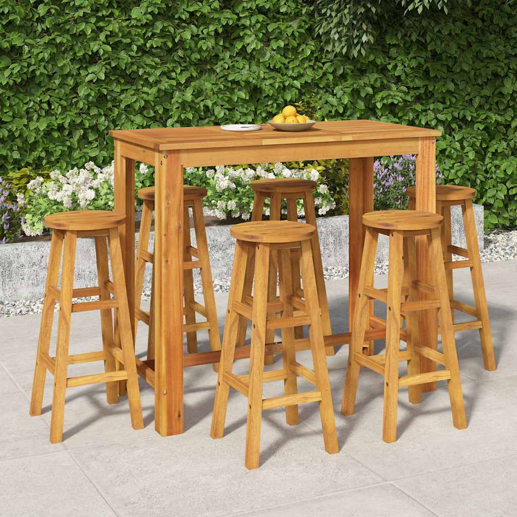 5 Piece Garden Bar Set Solid Wood Acacia 120 cm table length Bar stools with round seat 6