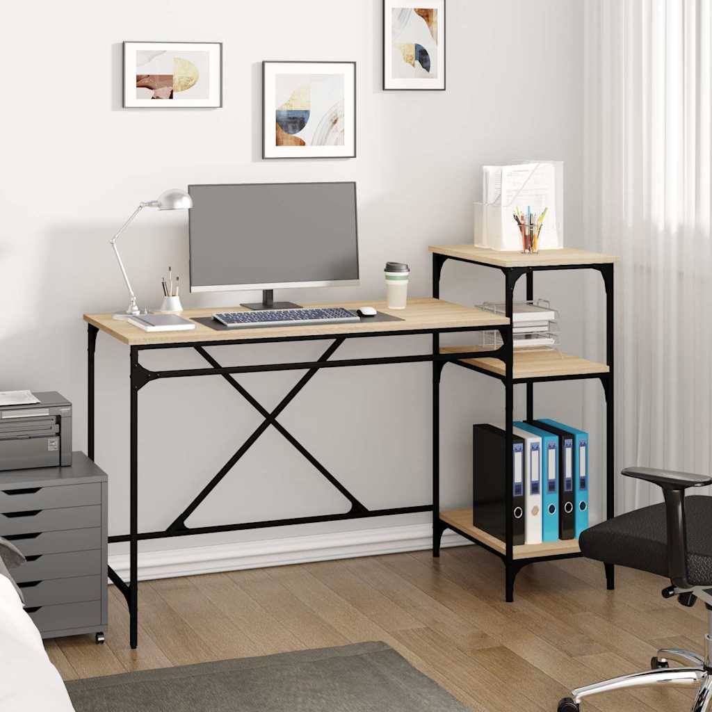 Desk with Shelves Engineered Wood&Iron Sonoma oak 135 x 50 x 90 cm