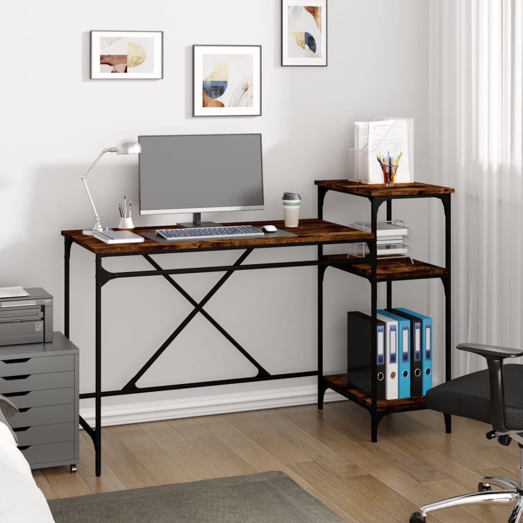 Desk with Shelves Engineered Wood&Iron Smoked oak 135 x 50 x 90 cm