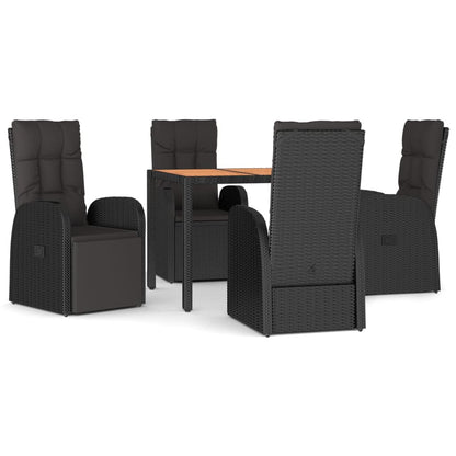 5 Piece Garden Dining Set Black Poly Rattan&Solid Wood Acacia 90 x 90 x 75 cm 2x reclining chair with backrest + 2x reclining chair with backrest and footrest