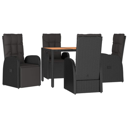 5 Piece Garden Dining Set Black Poly Rattan&Solid Wood Acacia 90 x 90 x 75 cm 2x reclining chair with backrest + 2x reclining chair with backrest and footrest
