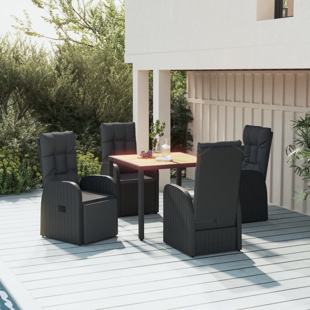 5 Piece Garden Dining Set Black Poly Rattan&Solid Wood Acacia 90 x 90 x 75 cm 2x reclining chair with backrest + 2x reclining chair with backrest and footrest