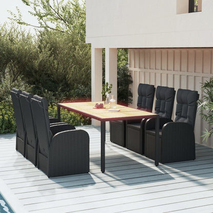 5 Piece Garden Dining Set Black Poly Rattan&Solid Wood Acacia 190 x 90 x 75 cm 6x reclining chair