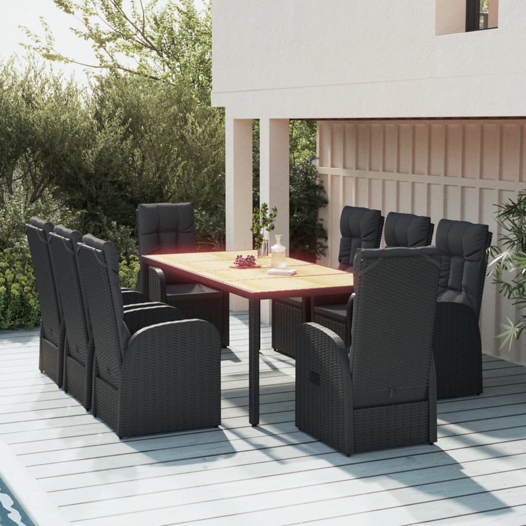 vidaXL 9 Piece Garden Dining Set Black Poly Rattan&Solid Wood Acacia 1