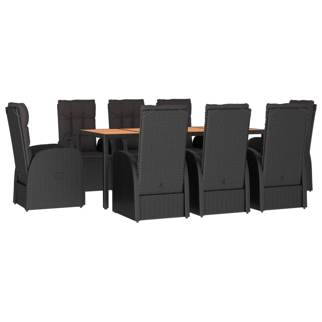 5 Piece Garden Dining Set Black Poly Rattan&Solid Wood Acacia 190 x 90 x 75 cm 6x reclining chair with backrest + 2x reclining chair with backrest and footrest
