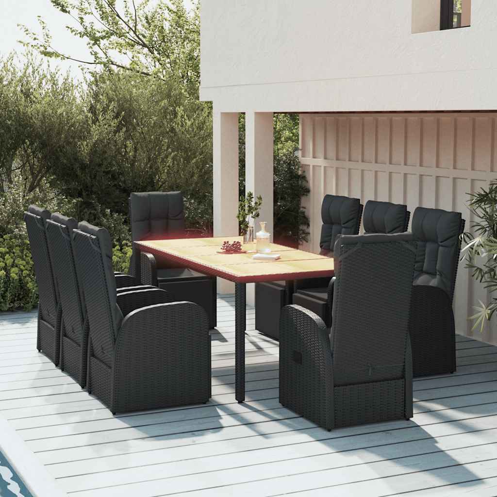vidaXL 9 Piece Garden Dining Set Black Poly Rattan&Solid Wood Acacia 1
