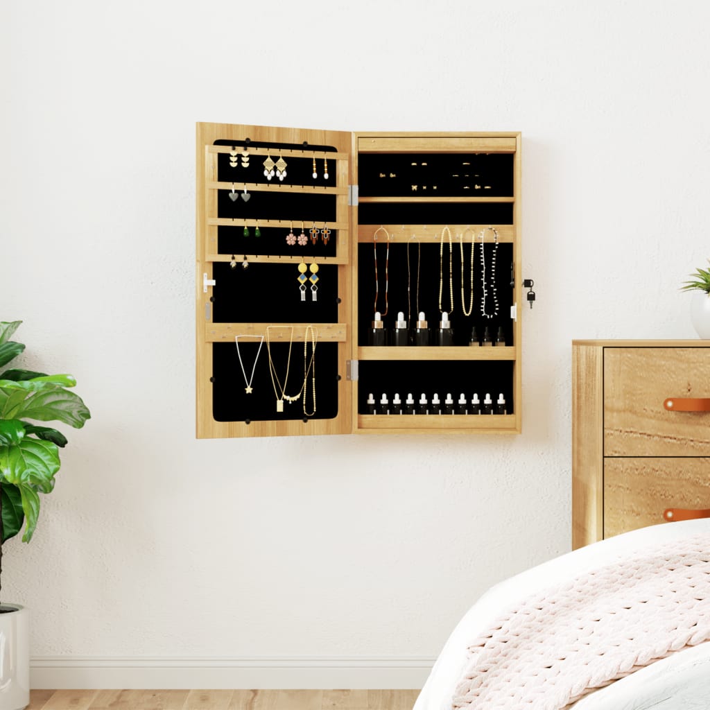 Mirror Jewellery Cabinet with LED Lights Wall Mounted Brown