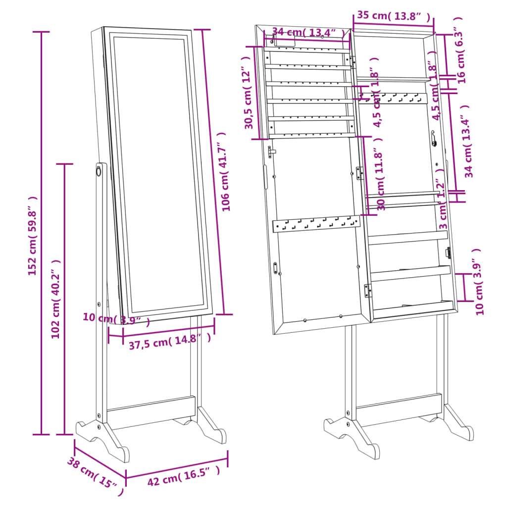 vidaXL Mirror Jewellery Cabinet with LED Lights Free Standing