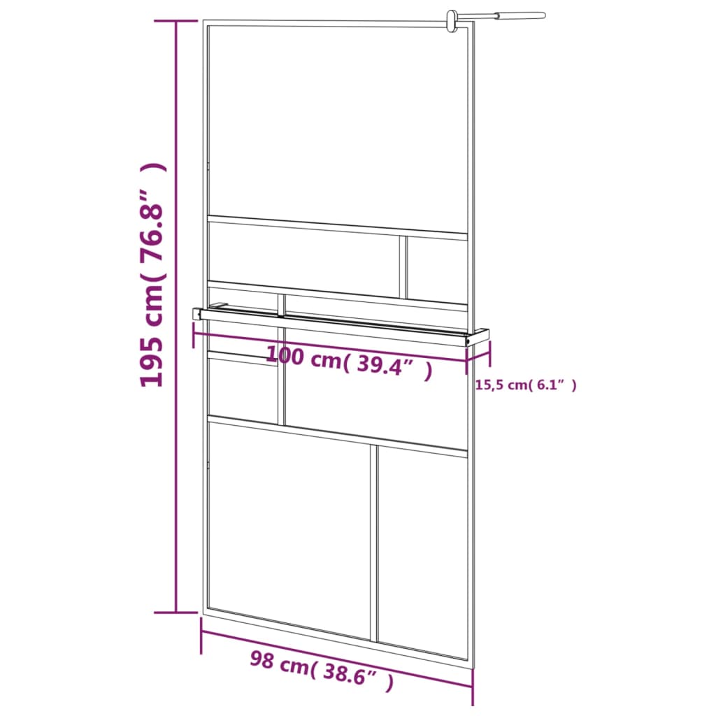 vidaXL Walk-in Shower Wall with Shelf Black 100x195 cm ESG Glass&Aluminium