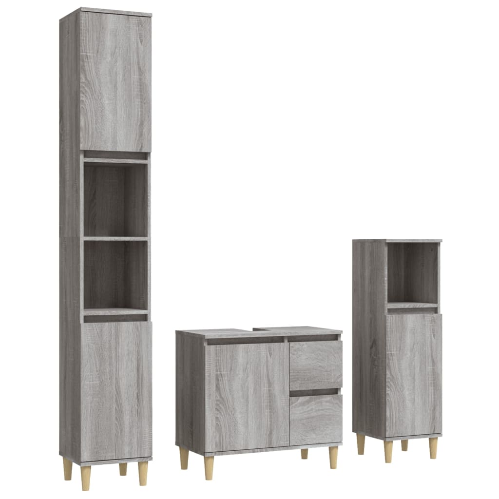 3 Piece Bathroom Cabinet Set Engineered Wood Grey sonoma