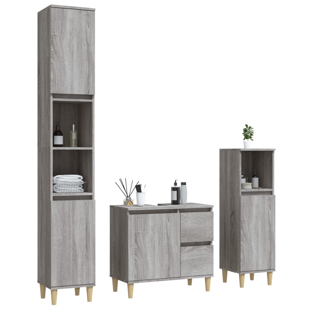 3 Piece Bathroom Cabinet Set Engineered Wood Grey sonoma
