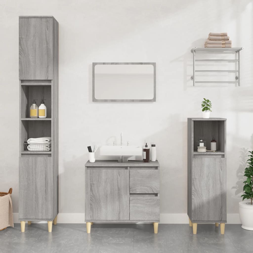 3 Piece Bathroom Cabinet Set Engineered Wood Grey sonoma