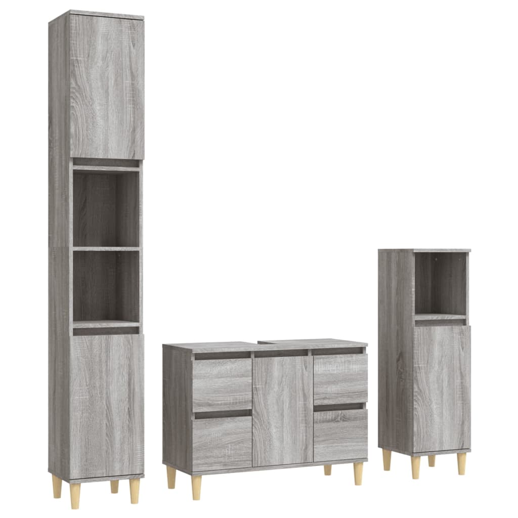 3 Piece Bathroom Furniture Set Engineered Wood Grey sonoma