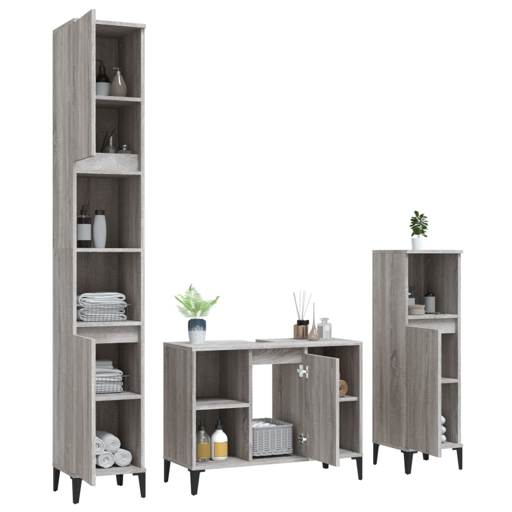 3 Piece Bathroom Furniture Set Engineered Wood Grey sonoma