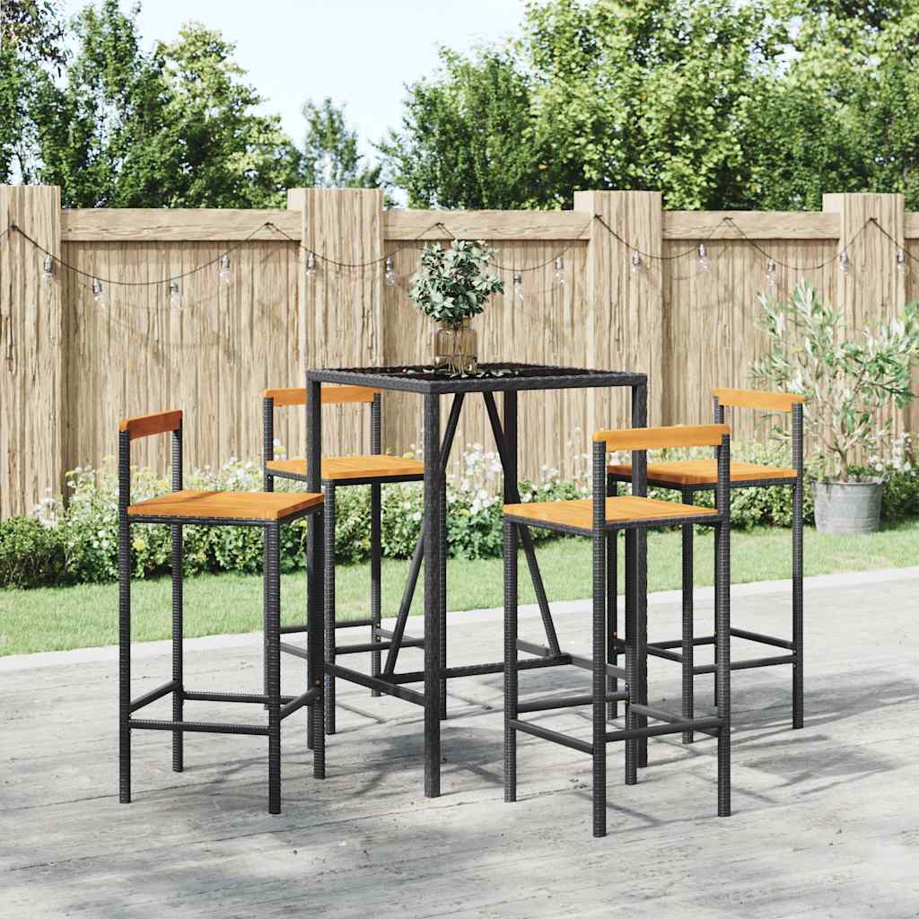 5 Piece Garden Bar Set Poly Rattan& Solid Wood Acacia Black 70 cm table length 4