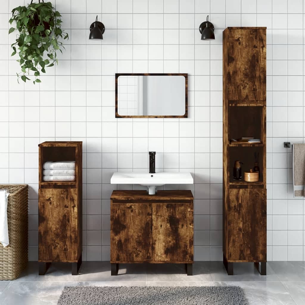 3 Piece Bathroom Cabinet Set Engineered Wood Smoked oak